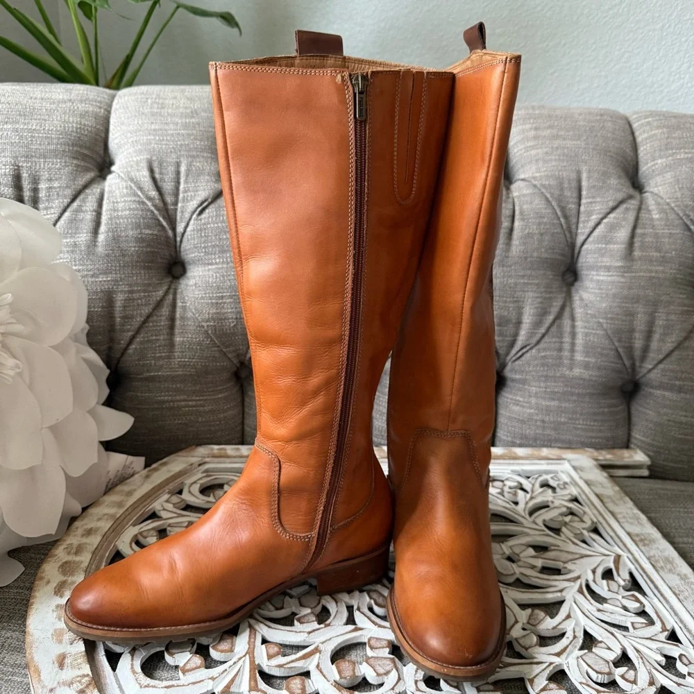 Pikolinos Tan Leather Tall Riding Boots Women’s 39 8.5 Braided Detail Zip Up - Picture 15 of 16